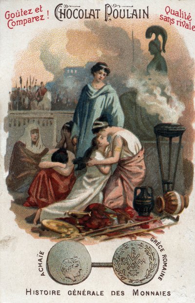 Römische Herrschaft in Griechenland: Plünderung von Korinth durch Lucius Mummius im Jahr 146 v. Chr. in der Region Achaia. In der Allgemeinen Münzgeschichte. Schokoladenfohlen-Chromolithographie aus dem späten 19. Jahrhundert. Private Sammlung. von Unknown artist