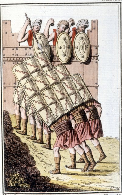 Römische Soldaten (Römische Legion) manövrieren und verteidigen sich mit ihren Schilden. Gravur aus dem frühen 19. Jahrhundert. von Unknown artist