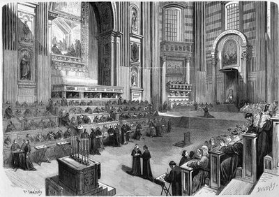 Rom 1869, erstes Treffen des ökumenischen Konzils von 1869, abgehalten am 9. Dezember im rechten Teil des Querschiffs der Kirche St. Peter von Unknown artist