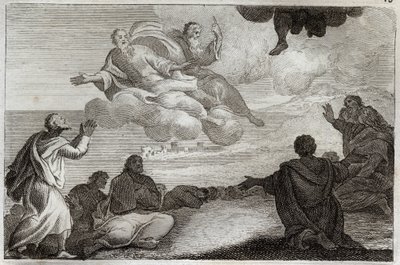 Bibel von Royaumont, Neues Testament: Himmelfahrt Jesu Christi. Christus wird in den Himmel aufgenommen und segnet die Apostel, bevor er in einer Wolke verschwindet. Illustration von 1811. von Unknown artist