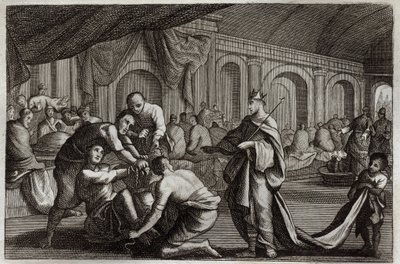 Royaumont-Bibel, Neues Testament: Hochzeitskleid. Gleichnis von einem König, der die Hochzeit seines Sohnes feierte und einen Mann, der kein Hochzeitskleid trug, hinauswarf. Illustration von 1811. von Unknown artist