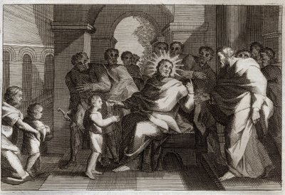 Bibel von Royaumont, Neues Testament: Kind als Vorbild der Demut. Jesus Christus stellt seinen Jüngern ein Kind als Vorbild des demütigen Christen vor. Illustration von 1811. von Unknown artist