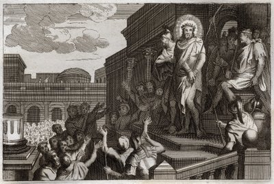 Royaumont-Bibel, Neues Testament: Ecce homo. Pontius Pilatus (Pontius Pilatius) präsentiert Jesus Christus mit Dornenkrone der Menge und sagt: „Hier ist der Mensch“. Illustration von 1811. von Unknown artist