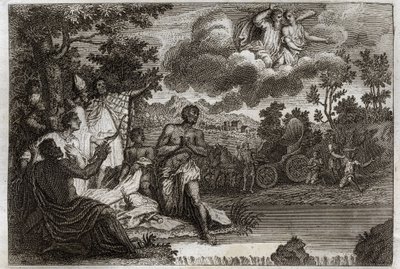 Royaumont-Bibel, Neues Testament: Eunuch tauft. Der Diakon Philippus verkündet einem Eunuchen der Königin von Äthiopien den Glauben und tauft ihn. Illustration von 1811. von Unknown artist