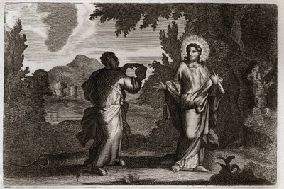 Royaumont-Bibel, Neues Testament: Jesus Christus in der Wüste. Jesus wird in die Wüste getrieben. Er fastet vierzig Tage und vierzig Nächte. Er wird vom Dämon versucht, der ihn auffordert, Steine in Brot zu verwandeln. Illustration von 1811. von Unknown artist