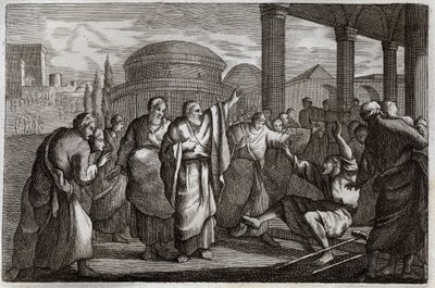 Royaumont-Bibel, Neues Testament: Heilung eines Lahmen. Der heilige Paulus heilt einen Lahmen und hält ein Volk auf, das ihn wie einen Gott opfern wollte. Illustration von 1811 von Unknown artist
