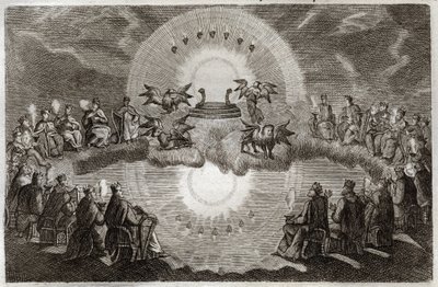 Royaumont-Bibel, Neues Testament: Offener Himmel. Ein Thron erscheint umgeben von einem Löwen, einem Ochsen, einem Menschen und einem Adler (Tetramorph) und sieben Lampen. Vierundzwanzig alte Menschen sitzen auf Thronen und umgeben diese Vision. Illustrati von Unknown artist