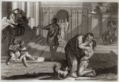 Royaumont-Bibel, Neues Testament: Gleichnis vom verlorenen Sohn. Der Sohn kehrt nach Hause zurück, nachdem er all sein Hab und Gut verloren hat. Er kommt, um seinen Vater um Vergebung zu bitten. Illustration von 1811 von Unknown artist