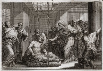 Bibel von Royaumont, Neues Testament: Der Gelähmte. Jesus Christus ruft den Heiligen Matthäus und heilt einen Gelähmten in Kafarnaum. Illustration von 1811. von Unknown artist