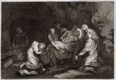 Royaumont-Bibel, Neues Testament: Grab. Grab Jesu Christi. Unter den Figuren, die den Körper Jesu Christi umgeben: die Jungfrau Maria, der heilige Nikodemus, der heilige Joseph von Arimathäa, der heilige Johannes der Evangelist und die heilige Maria Magdal von Unknown artist