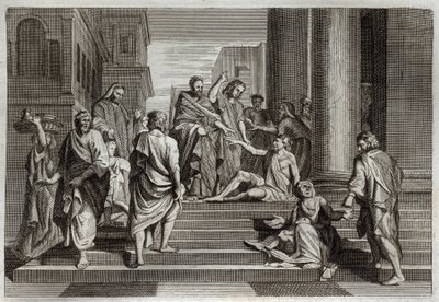 Royaumont-Bibel, Neues Testament: Heilung des Lahmen. Der heilige Petrus, begleitet von Johannes, heilt auf wundersame Weise einen Lahmen in Jerusalem. Illustration von 1811 von Unknown artist