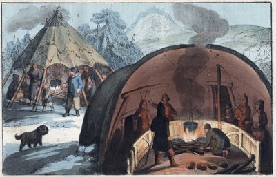Saami-Familie in einem Zelt in Lappland - Innenansicht einer Lappländerhütte mit einer Familie am Feuer - Gravur aus „Usi e Costumi di Tutti i Popoli dell