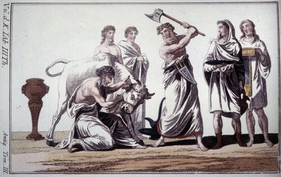 Opferung eines Stiers. Brauch in der römischen Antike. Frühere 19. Jahrhundert Gravur von Unknown artist