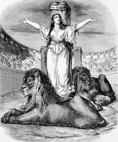 Heilige Blandine, junge christliche Sklavin, gemartert im Löwenring in Lyon im Jahr 177, Gravur von Unknown artist