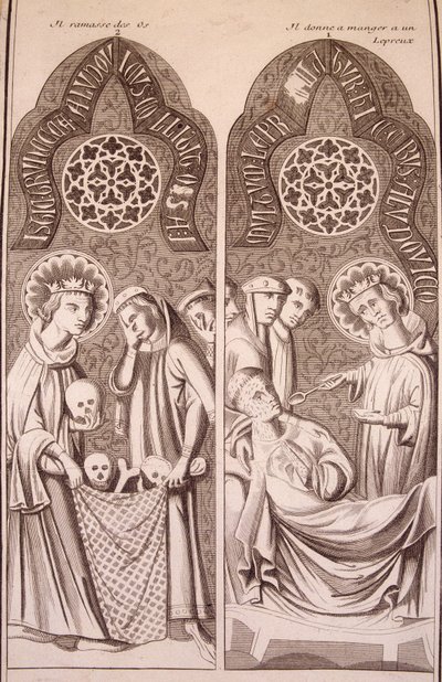Heiliger Ludwig sammelt Knochen und gibt Aussätzigen Essen von Unknown artist