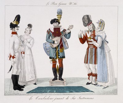 Gaukler: Der Troubadour spielt sechs Instrumente - in „Le bon genre“, Anfang 19. Jahrhundert von Unknown artist
