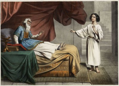 Samuel, der die Stimme des Herrn in der Nacht hört und denkt, es sei sein Mentor, der Hohepriester Eli. Anonyme Gravur aus der Mitte des 19. Jahrhunderts von Unknown artist