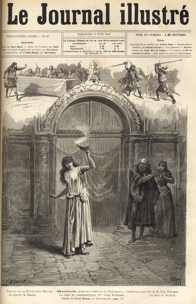 Sarah Bernhardt: Lady Macbeth in „Macbeth“, Drama von Shakespeare, adaptiert von Jean Richepin - Théâtre de la Porte Saint-Martin - Gravur in „Le Journal Illustré“ von 1884 von Unknown artist