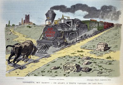 Satirische allegorische Vignette: Der Bulle, Symbol des Kapitalismus, versucht den Zug der Arbeitsreform zu stoppen. Jeder Wagen ist für ein Land bestimmt: Deutschland, Frankreich, England, Italien 1897 von Unknown artist