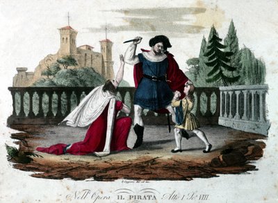 Szene 8 des fünften Akts von „Il pirata“ (Der Pirat) von Vincenzo Bellini. Farbige Gravur von 1827. Erste Aufführung im Teatro alla Scala. von Unknown artist