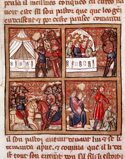 Szene der Konfrontation zwischen zwei feindlichen Lagern, eine Hinrichtung unten rechts. Seite aus einem Manuskript des 14. Jahrhunderts. Venedig, Biblioteca Marciana von Unknown artist