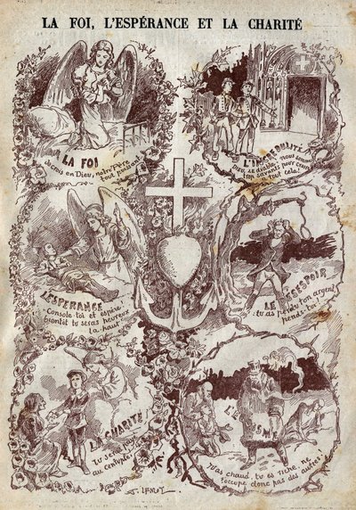 Szenen, die Glaube, Hoffnung, Nächstenliebe und deren Gegenteil, Unglauben, Verzweiflung und Egoismus, illustrieren. Illustration in „Le Pelerin“ vom 27. März von Unknown artist