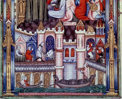 Szenen von Bau- und Navigationsarbeiten in Paris im Mittelalter. Miniatur aus dem Manuskript „Leben des heiligen Denis“ von Yves, Mönch von Saint-Denis von Unknown artist