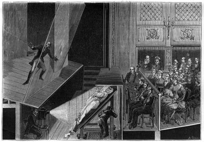 Wissenschaftliche Shows: lebende Spektren. Querschnitt des Raumes, der das Gerät der Erfahrung mit einem Komiker zeigt, der gegen einen Geist kämpft. Gravur in „La Nature“ von Unknown artist