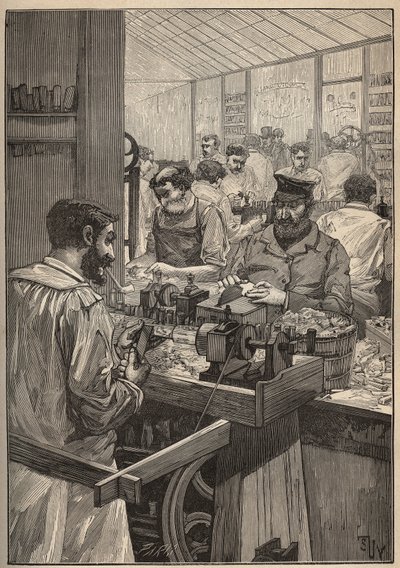 Meerschaum: Herstellung von Meerschaumpfeifen. Gravur von 1885 in „Les arts et métiers illustrés“ von Adolphe Bitard. von Unknown artist