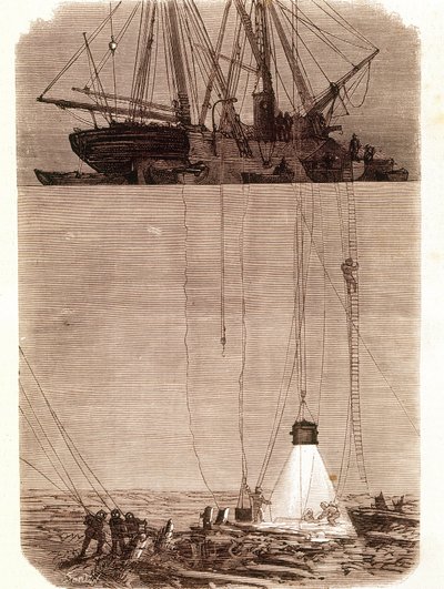 Suche nach gesunkenen spanischen Galeonen in der Bucht von Vigo im Jahr 1702. Seite aus „Emporio Picturesco“ 1871 von Unknown artist