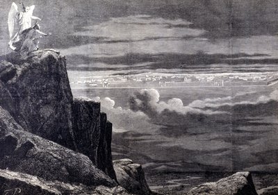 Ansicht des Himmlischen Jerusalem; Bild des irdischen Jerusalem nach dem Jüngsten Gericht, es steigt vom Himmel herab, um sich auf der Erde niederzulassen. Gravur des 19. Jahrhunderts von Unknown artist