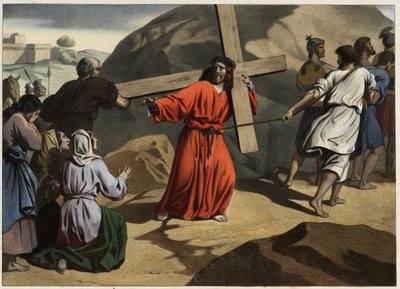 Sie stieg nach Golgatha: Jesus trägt sein Kreuz und tröstet die Töchter Jerusalems. Anonyme Gravur aus der Mitte des 19. Jahrhunderts. von Unknown artist