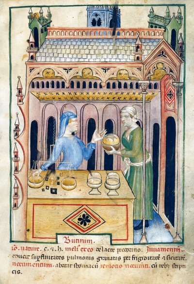 Laden mit Butterbrot und zwei Frauen, Illustration aus Tacuinum sanitatis von Unknown artist