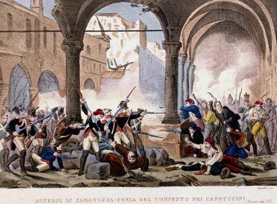 Belagerung von Saragossa (Zaragoza) und das Kapuzinerkloster im Jahr 1808. Farbiger Stich der Zeit. Mailand von Unknown artist