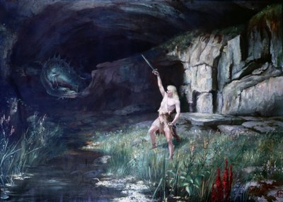 Siegfried, der dem Drachen Fafner gegenübersteht, schwingt sein Schwert. Szene aus der Oper „Der Ring des Nibelungen“ von Richard Wagner (1813 - 1883). Gemälde. von Unknown artist