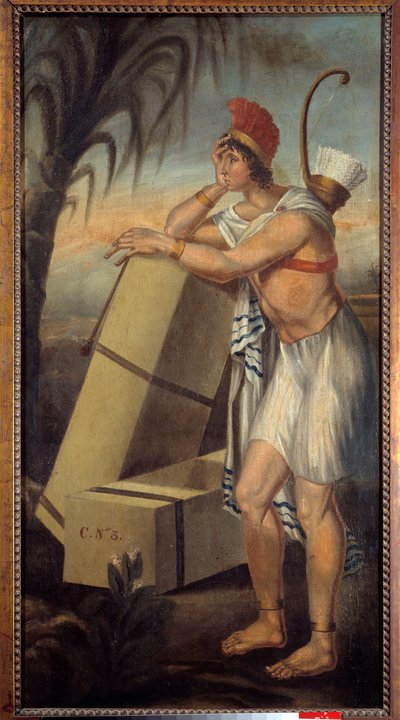 Schild der Tabakhändler, das einen amerikanischen Indianer darstellt, der sich auf Kisten mit Tabak lehnt, die zum Versand auf Schiffe bereit sind, die Produkte der Neuen Welt exportieren von Unknown artist