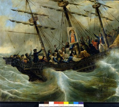 Untergang eines Schweizer Auswandererschiffs. Ex Voto von 1856 aus dem Heiligtum der Madonna del Sasso in Locarno. Gemälde zugeschrieben Giovanni Antonio Vanoni von Unknown artist