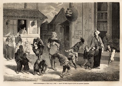 Kleine Saltibanks führen akrobatische Nummern mit Musik auf den Straßen von Yedo (oder Edo, kaiserliche Hauptstadt, heutiges Tokio) auf. Gravur zur Illustration der Reise nach Japan in den Jahren 1863-1864 von Aime Humbert, Minister der Schweizerischen Eid von Unknown artist