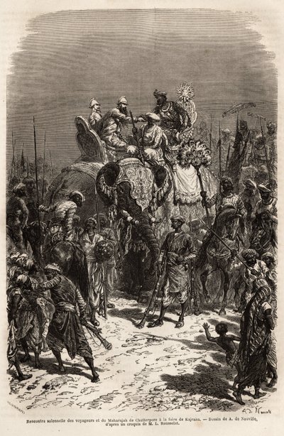 Feierliches Treffen und Händeschütteln auf dem Rücken eines Elefanten, zwischen dem Team der Reisenden und dem Maharadscha von Chutterpore, auf der Messe von Kajraha. Gravur zur Illustration der Reise in Indien der Rajahs, von Louis Rousselet, 1864-1868, v von Unknown artist