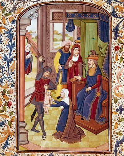 Salomons Urteil. Zwei Frauen behaupten, die Mutter desselben Kindes zu sein. Miniatur aus einem Manuskript des 15. Jahrhunderts. Coimbra, Bibliothek der Universität. von Unknown artist