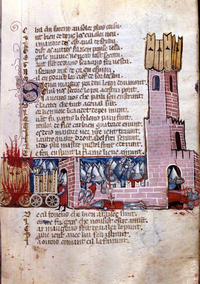 Chanson de geste: Kampfszene in der Nähe einer befestigten Stadt (wahrscheinlich die Eroberung Spaniens durch die Armee Karls des Großen). Miniatur aus dem französisch-italienischen Manuskript „Entrée d