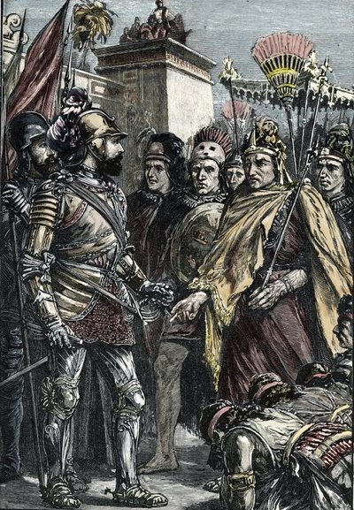 Spanische Eroberung Mexikos: Treffen zwischen Hernan Cortes und Montezuma II im Jahr 1519 von Unknown artist