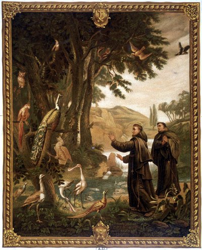 Heiliger Franz von Assisi spricht mit Vögeln - Chromo des 19. Jahrhunderts, Reproduktion eines Gemäldes des 18. Jahrhunderts. von Unknown artist