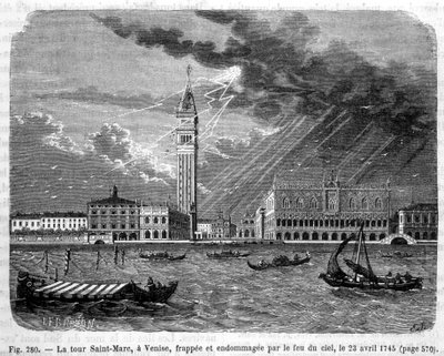 Der Markusturm in Venedig wurde am 23. April 1745 vom Himmel getroffen und beschädigt - in „Die Wunder der Wissenschaft“ von Louis Figuier von Unknown artist