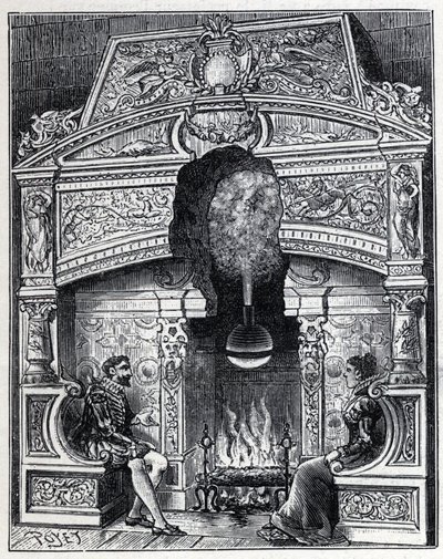 Dampf und Sonnenwärme: Eolipyl-Kamin, Dampf- und Reaktionsmaschinensystem ursprünglich entworfen von Heron von Alexandria (80 v. Chr.). Gravur in „La Nature“ von Unknown artist