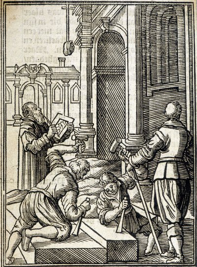 Steinmetze arbeiten am Bau einer Kathedrale - Gravur von Unknown artist