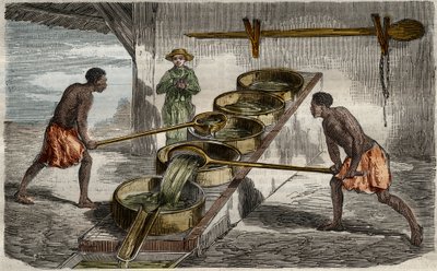 Zuckerherstellung: Kessel zum Kochen von Zuckerrohrsaft in einer Zuckerfabrik in Westindien. Gravur von 1859 in "Le Musée Des Sciences" von Unknown Artist