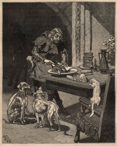 Tischkunst: schneidet Lebensmittel vor dem Eintreffen der Gabel. Ein Mann hält das Fleisch mit einem Blatt Papier in einer Hand und benutzt sein Messer in der anderen. Gravur von 1885 in „Les arts et metiers illustres“ von Adolphe BITARD von Unknown artist