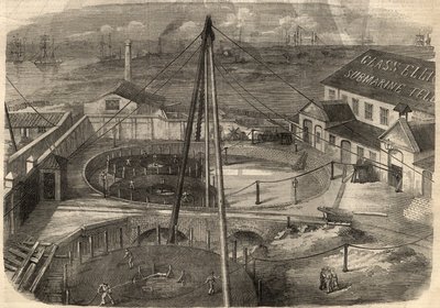 Telegrafie: Das transatlantische Kabel, hergestellt in der Glasfabrik Elliot and Company in East Greenwich (England), ist bereit zur Auslieferung. Gravur in „The Illustrated London News“ vom 14. März. von Unknown artist