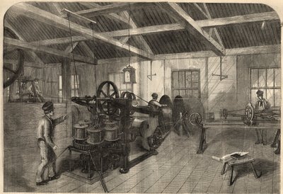 Telegraphie: Herstellung des transatlantischen Kabels in der Fabrik von Glass, Elliot and Company in East Greenwich (England). Gravur in „The Illustrated London News“ vom 14. März von Unknown artist